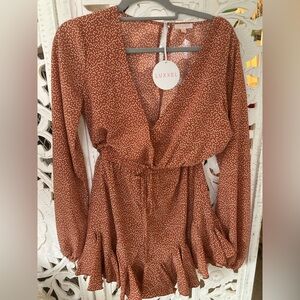 Luxxel cinnamon rust romper with cream dots, M
